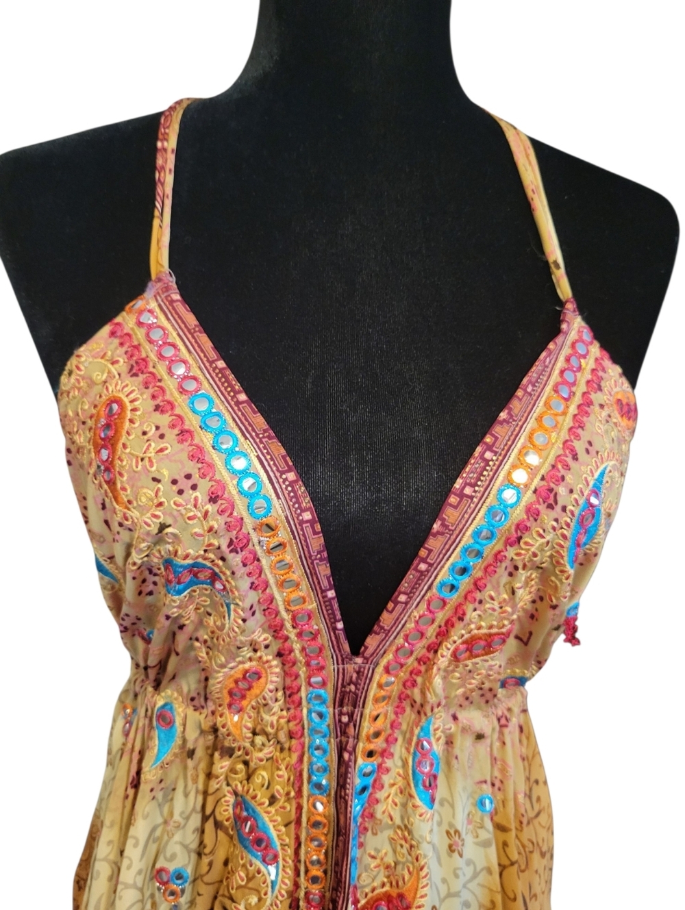 Boho Madrid Dress Backless Exotic Paisley Sparkles Ties & Tassles Flexible Fit - Picture 3 of 16